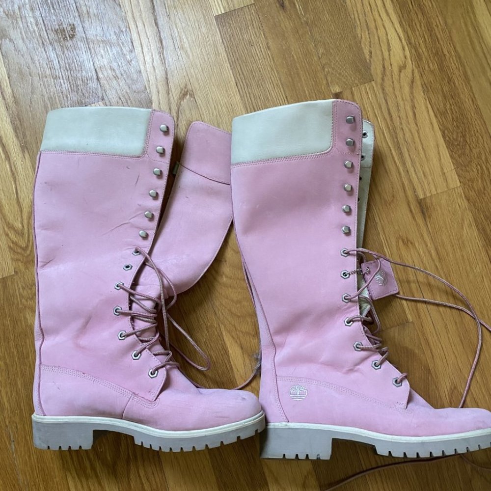Timblerland Pink Kneehigh Lace-Up Boots
